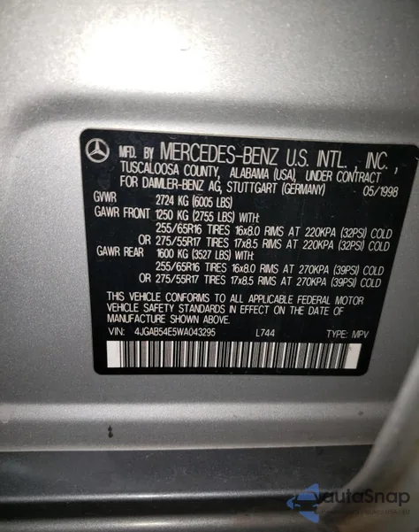 1998 Mercedes-Benz Ml 320 из США, поврежденный, VIN 4JGAB54E5WA043295